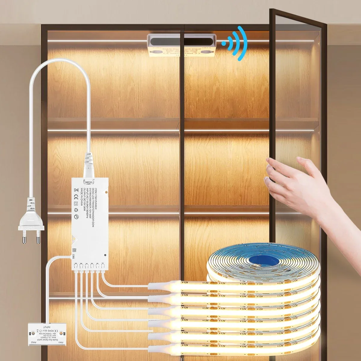 220V EU Smart Tür Öffnen Sensor Schalter COB LED Streifen Licht Band Integrierte Beleuchtung Für Vitrine Schrank Schrank schrank