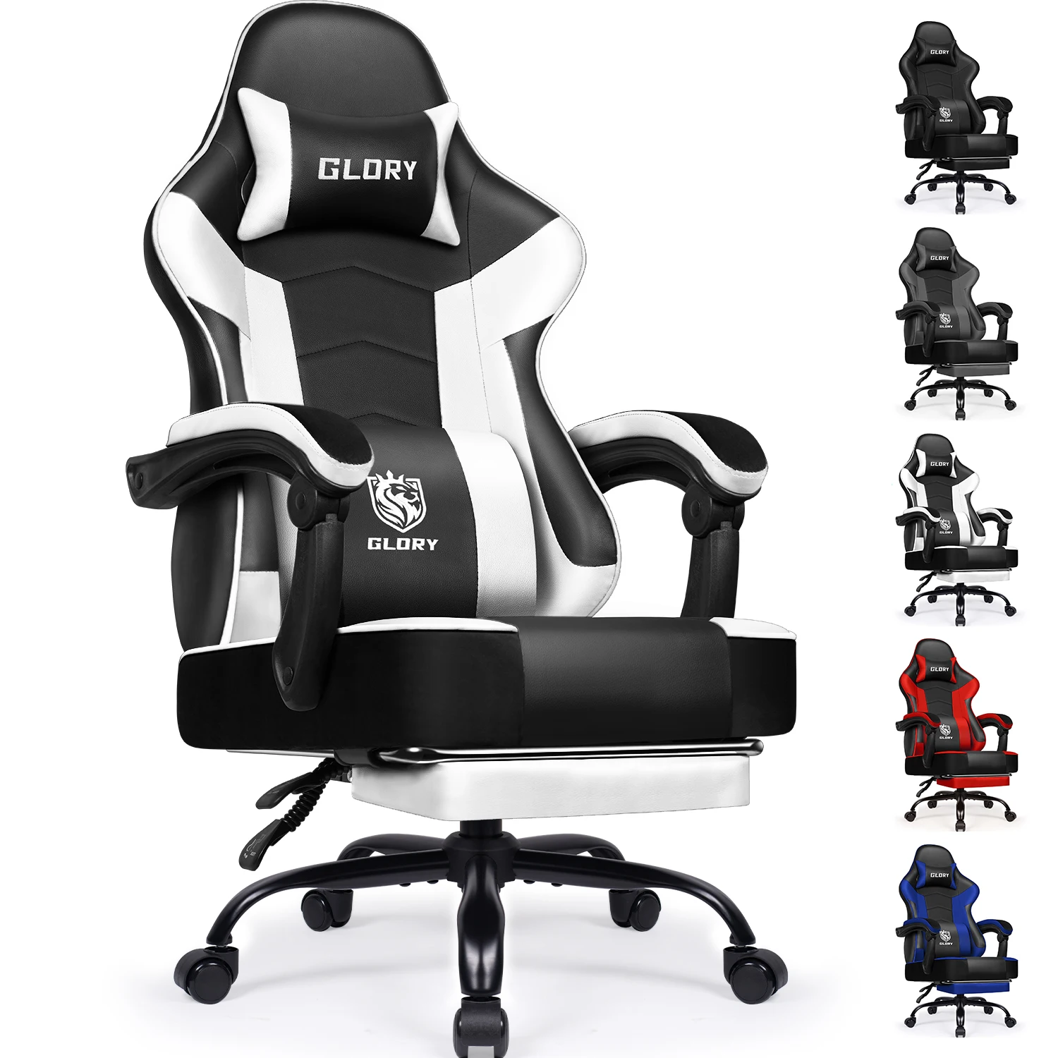 AUTHMIC Gaming-Stuhl, ergonomischer Bürostuhl mit verstellbarer Lordosenstütze und Kopfstütze, hohe Rückenlehne, PC-Gamer für Erwachsene und Teenager Image