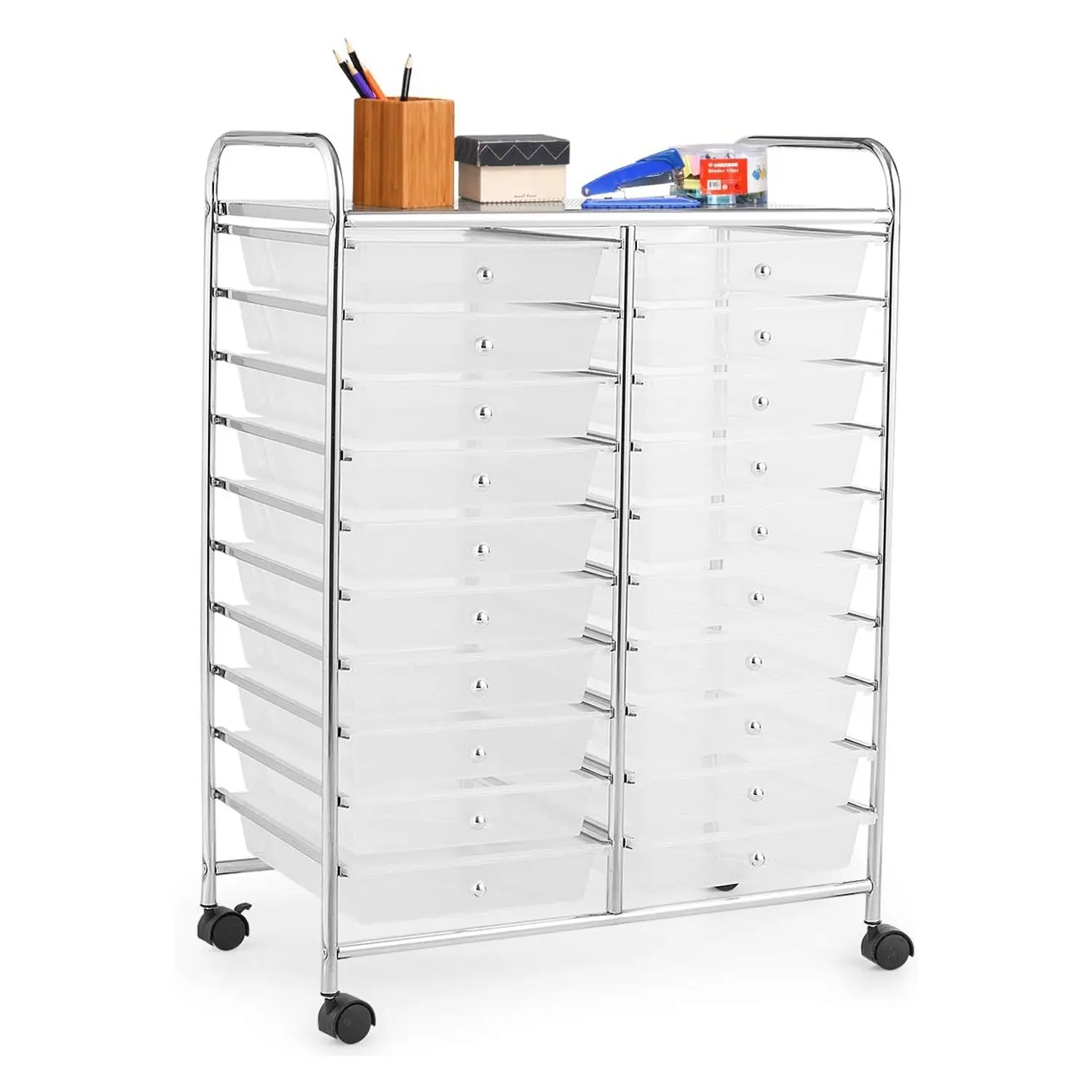 Rollwagen mit 20 Stapelbaren Schubladen, Schubladenwagen, Rollcontainer mit Metallrahmen und Regal