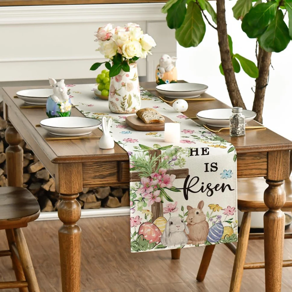 Osterhase Leinen Tischläufer Osterhase Tischläufer Waschbar Osterhase Frühling Leinen Tischläufer Urlaub Party Dekor Image