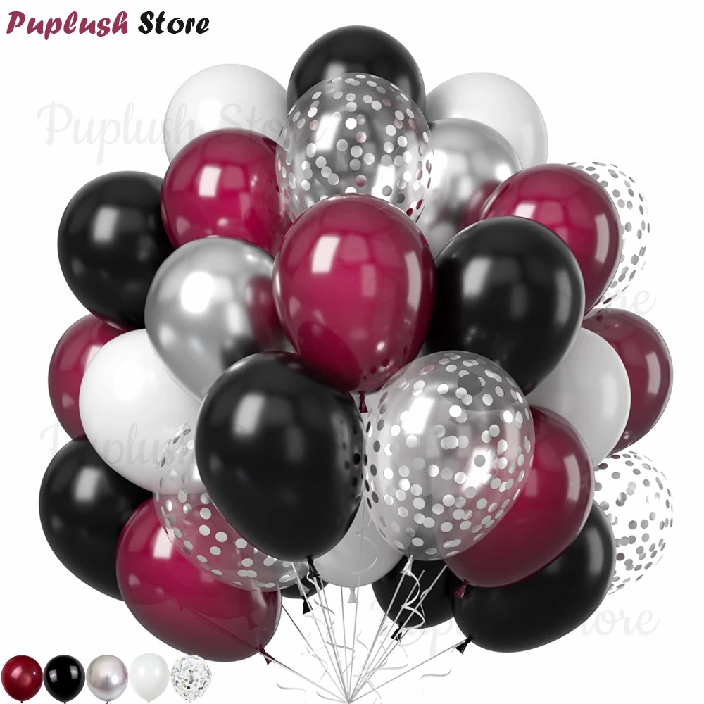30 Stück Burgunderrote schwarze Luftballons 25,4 cm Weinrot Metallic Silber Latexballons für Hochzeit Babyparty Geburtstag Party Dekor Image
