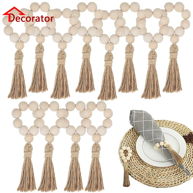 Serviettenringe mit Holzperlen, Serviettenhalter mit Quasten, handgewebte Boho-Schnallen für Weihnachten, Bauernhaus, Hochzeit, Zuhause, Tischdekoration Image