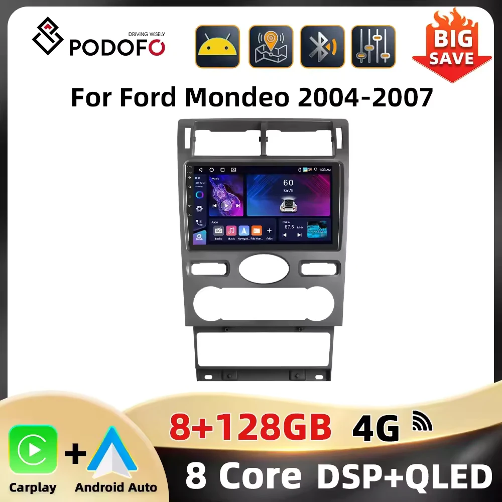 Podofo 9'' 2Din Car Radio For Ford Mondeo 2004-2007 Multimedia Player Carplay Android Auto Navigation DSP AI Voice BT Car Audio Image