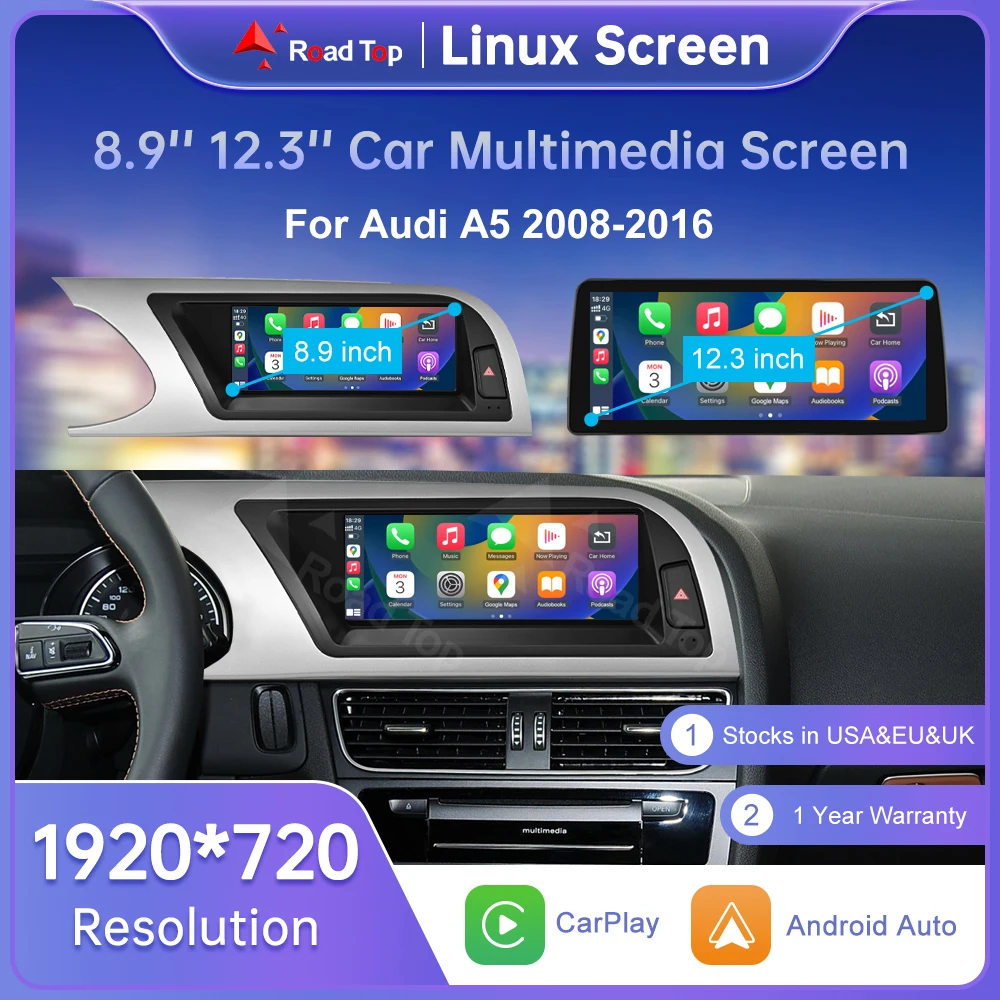 Road Top Radio Multimedia Linux Touch Screen For Audi A5 2008-2016 Wireless CarPlay Android Auto Airplay Car Player Function Image