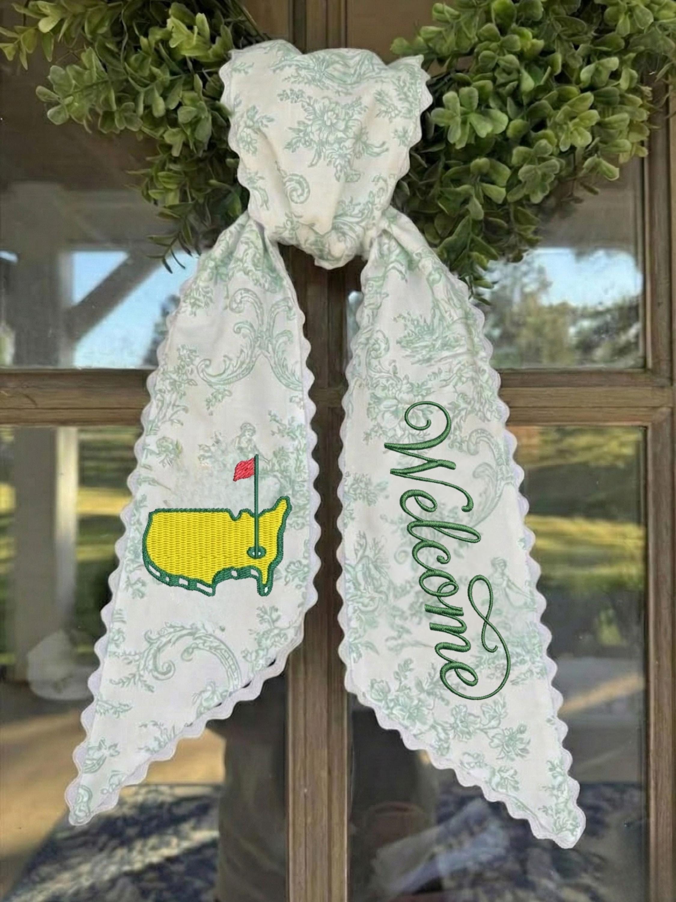 Fascia per corona dei maestri, fascia ricamata con corona di bosso, fascia ricamata dei maestri, appendino per porta, fascia per corona da golf, fasci