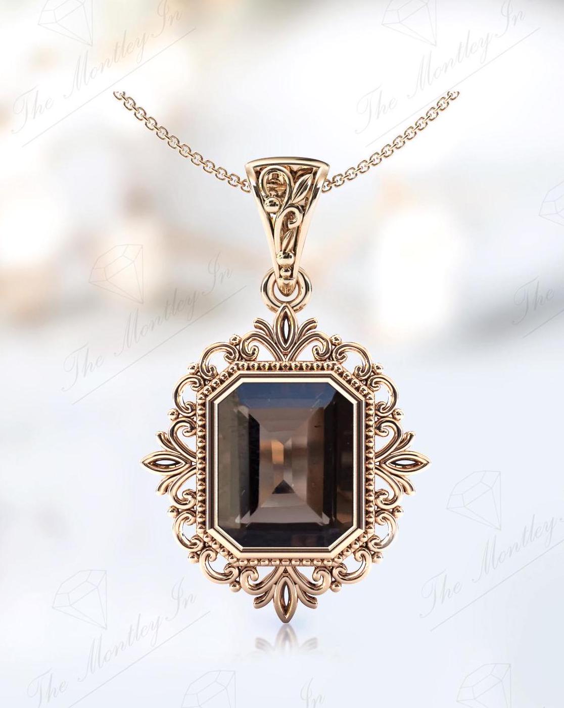 Ciondolo da donna in quarzo fumé taglio smeraldo, oro 14 carati, ciondolo vintage in filigrana con quarzo fumé, ciondolo con design a foglia Art Déco,