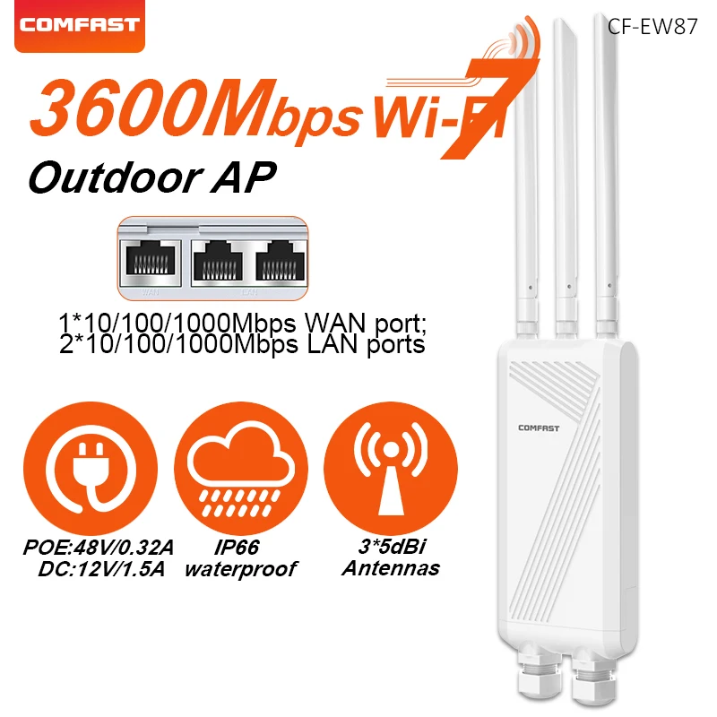 Comfast Outdoor WiFi7 IP66 Wasserdichter 2,4G/5,8G Zugangspunkt 3600Mbps Wireless AP mit 3*5dBi Antennen 48V POE/12V DC Stromversorgung Image