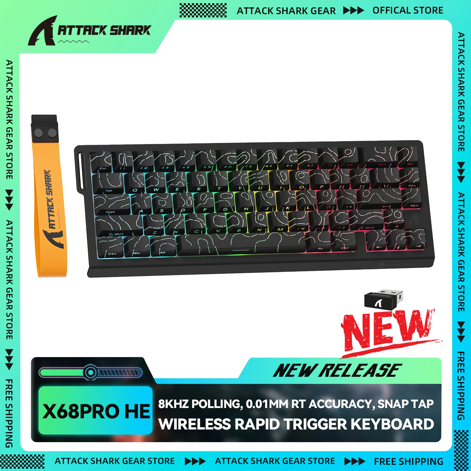 ATTACK SHARK X68PRO HE Kabellose Rapid-Trigger-Tastatur, 0,01 mm RT-Genauigkeit, 8000 Hz Polling, Snap-Tap, einstellbarer Betätigungspunkt Image