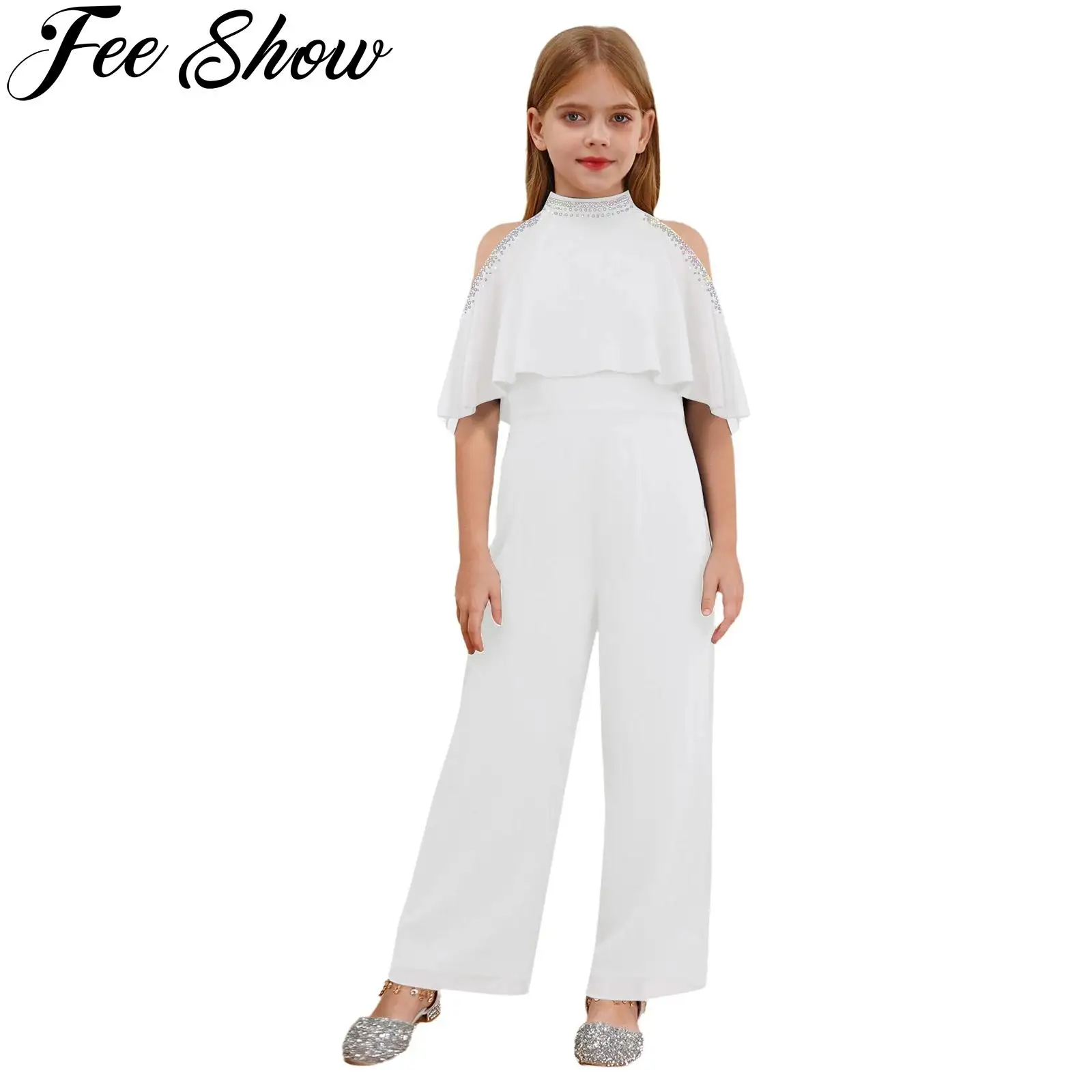 Teenager-Mädchen-Overall mit glänzenden Strasssteinen, kalte Schulter, weites Bein, Hose, Strampler für formelle Geburtstage, Hochzeit, Bankette, Festzug Image