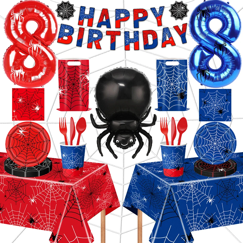 Spinnen-Party-Teller, Servietten, Tischdecke, Halloween, Spinnennetz, Spinnen, numerische Folienballons, Geburtstagsparty-Dekorationen mit Spinnenmotiv Image