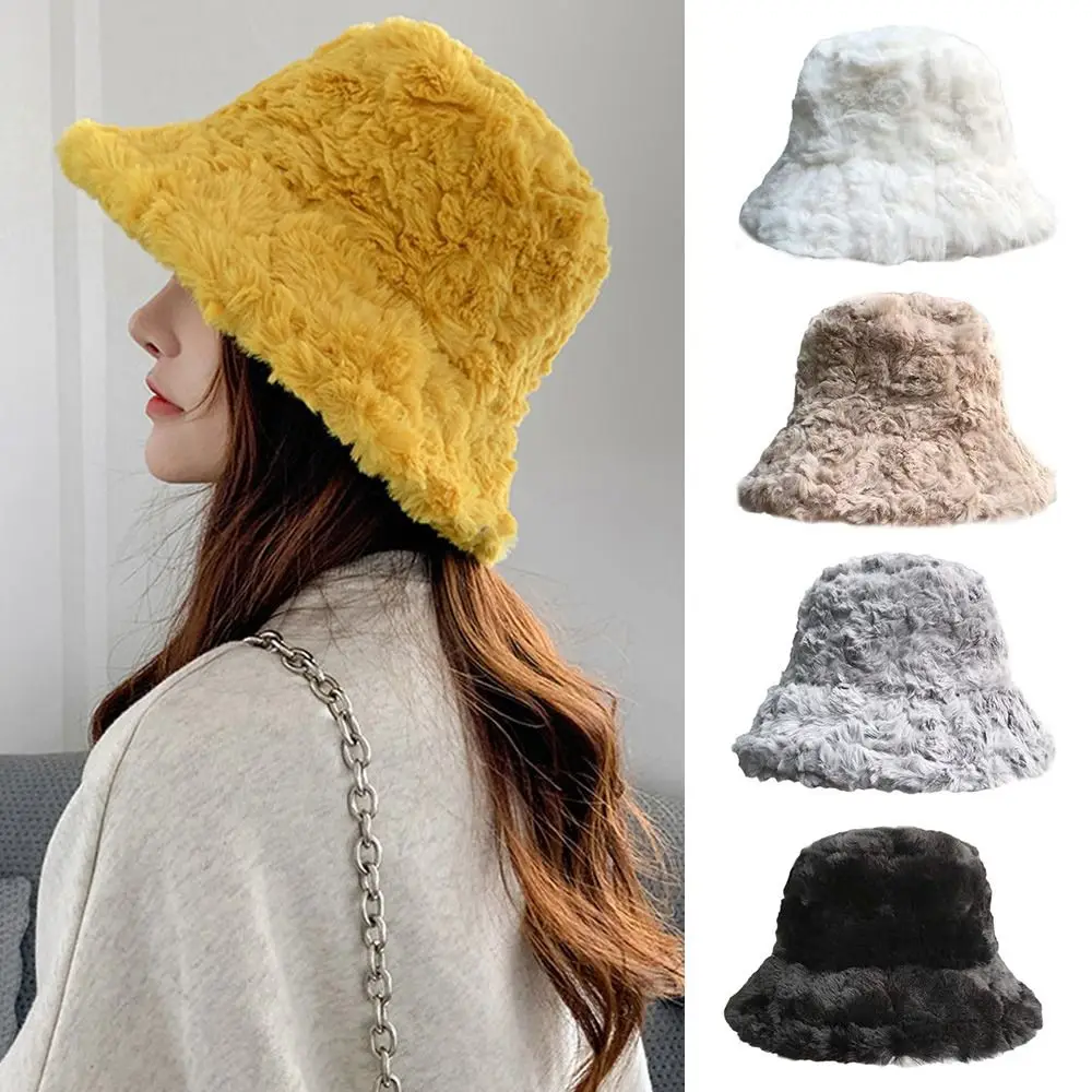 2022 Winter Faux Fur Fluffy Eimer Hüte Frauen Outdoor Dicke Warme Hut Weichen Pelzigen Fischer Kappe Mädchen Mode Panama Sonne kappe Image