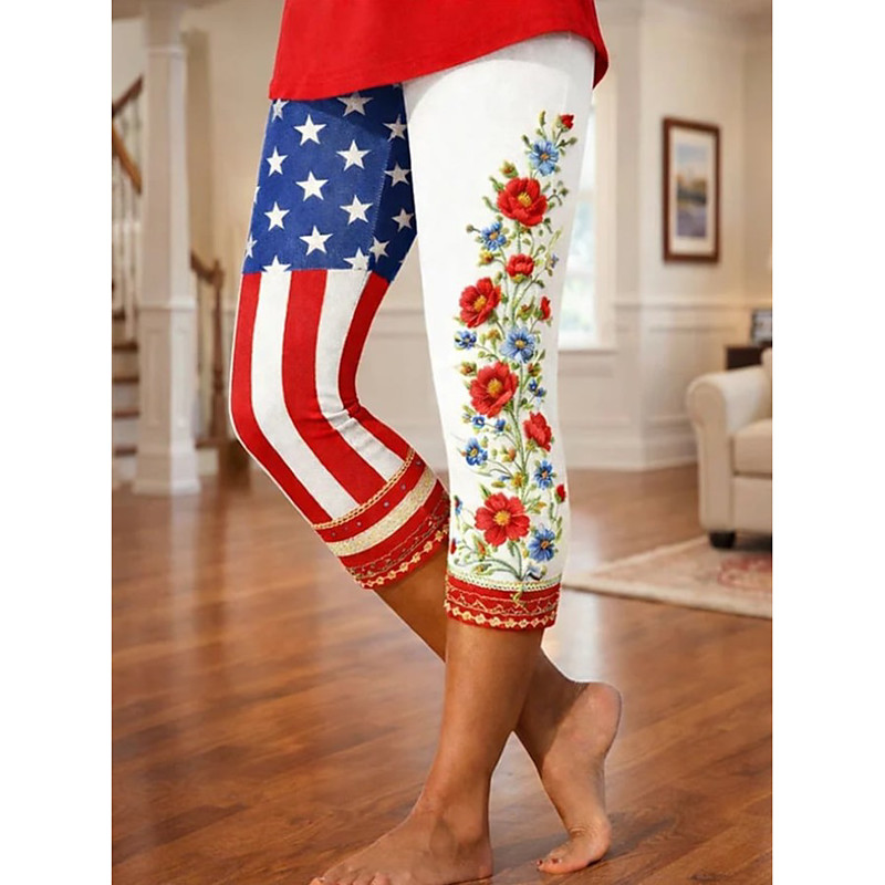 Independence Day PatrioticWomen's Chinos Leggings Vacation Fashion Streetwear Capris High WaistPants American Flag Comfort Soft Comfortable Stretchy Daily Outdoor Vacation Blue White / Red Black Red