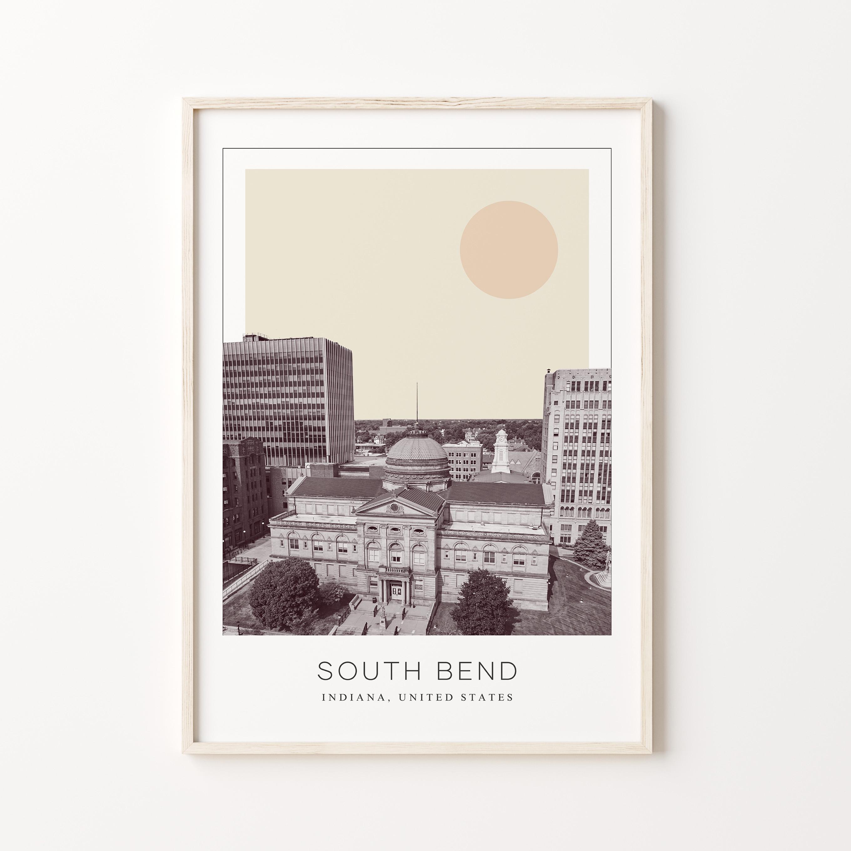 Stampa poster South Bend, poster di viaggio South Bend, arte murale minimalista South Bend, South Bend, Indiana, Stati Uniti