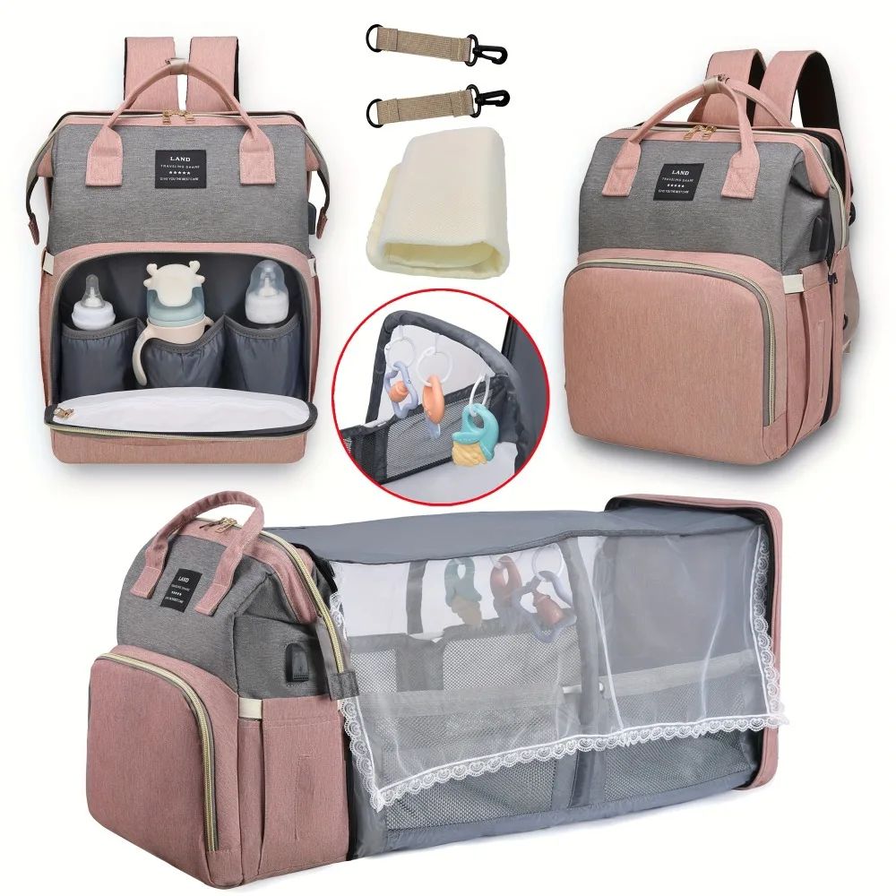 Lightweight Portable Folding Crib Mommy Travel & Diaper Backpack heather Grey Backpack Crib Set