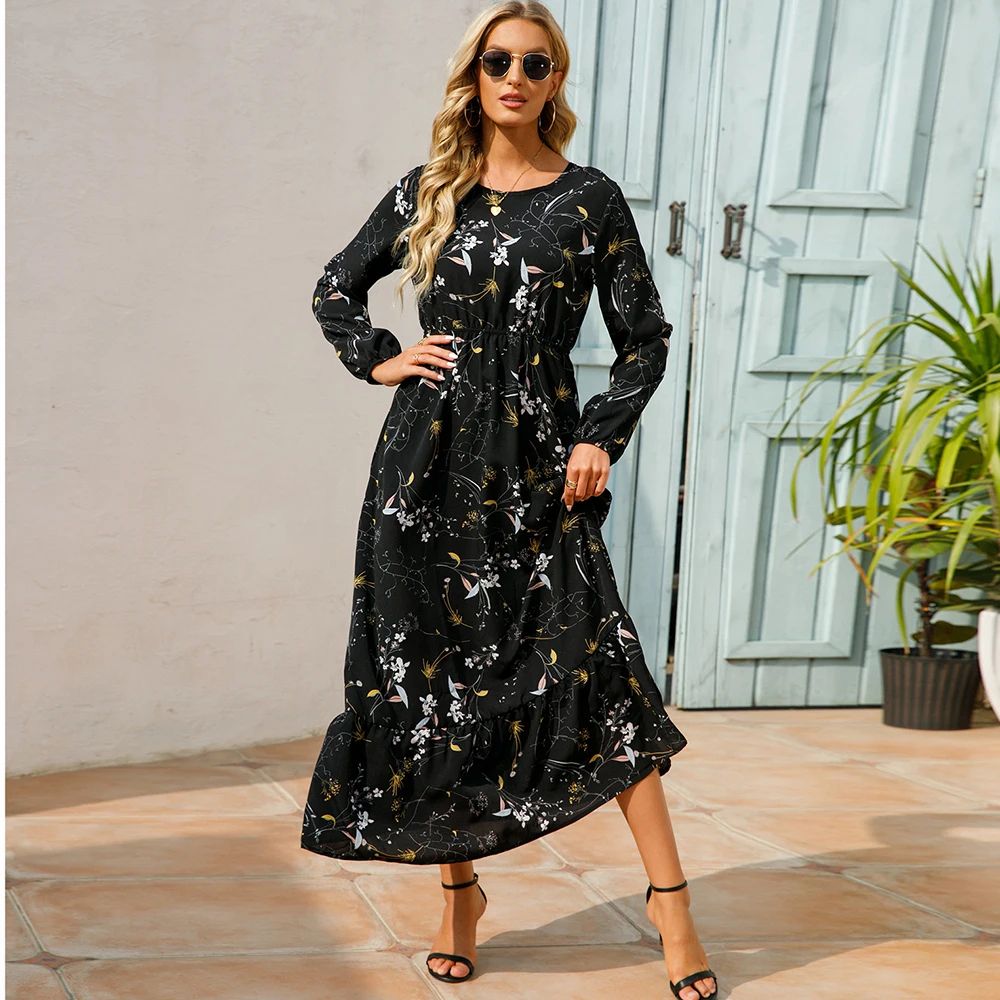 Bohemian Chic Boho Maxi Dress Floral Chiffon Beach Dress With Long Sleeves & High Waist 9 s