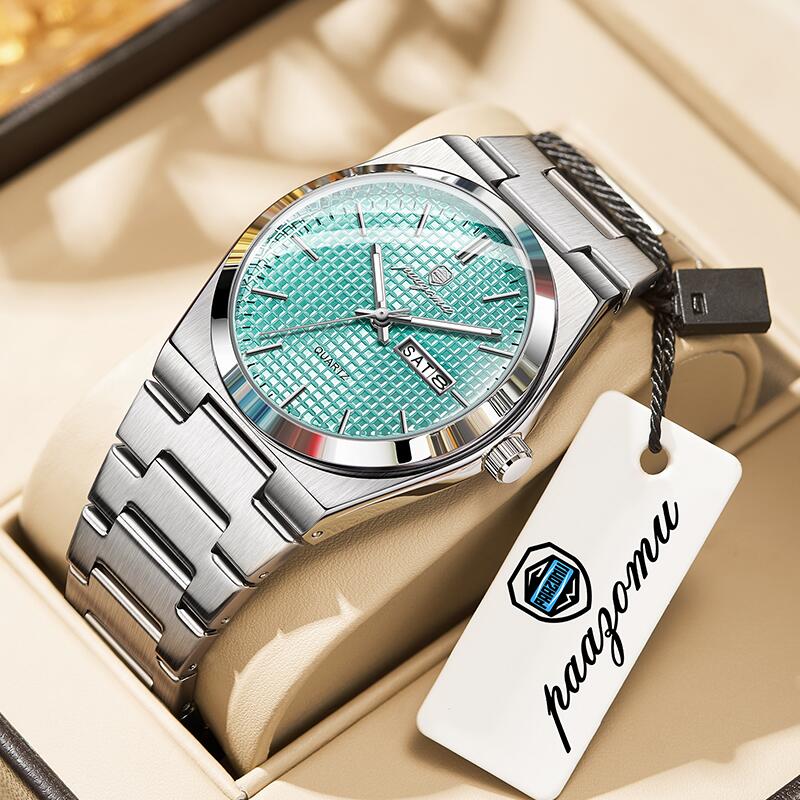 Luxury Men Clock Fashion, Waterproof Chronograph Date Watch, Original Luminous Leather Quartz Watch For Men silver Green