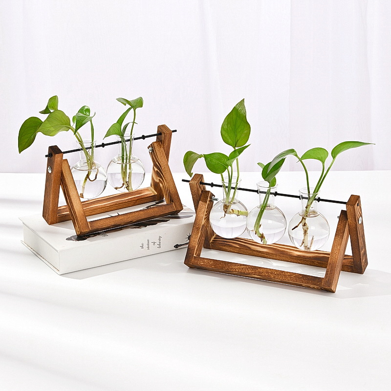 Creative Wooden Frame Hydroponic Glass Vase, Retro Green Ivy Plant, Desktop Small Decoration a