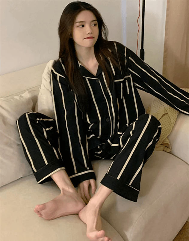 Light Luxury Ice Silk Pajama Set Womens Long Sleeve Striped Nightwear xxl