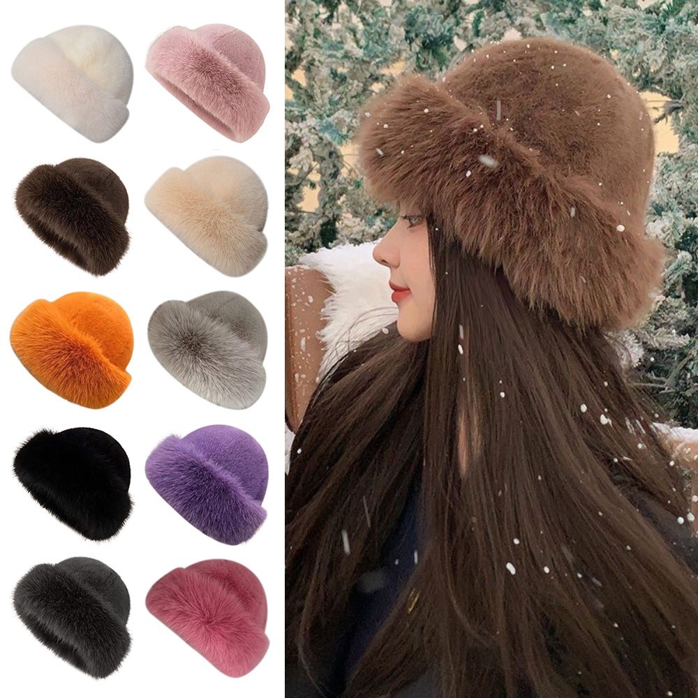 Solid Color Fisherman Hat, New Fluffy Fur Winter Hat, Thicken Windproof Panama Cap wine Red