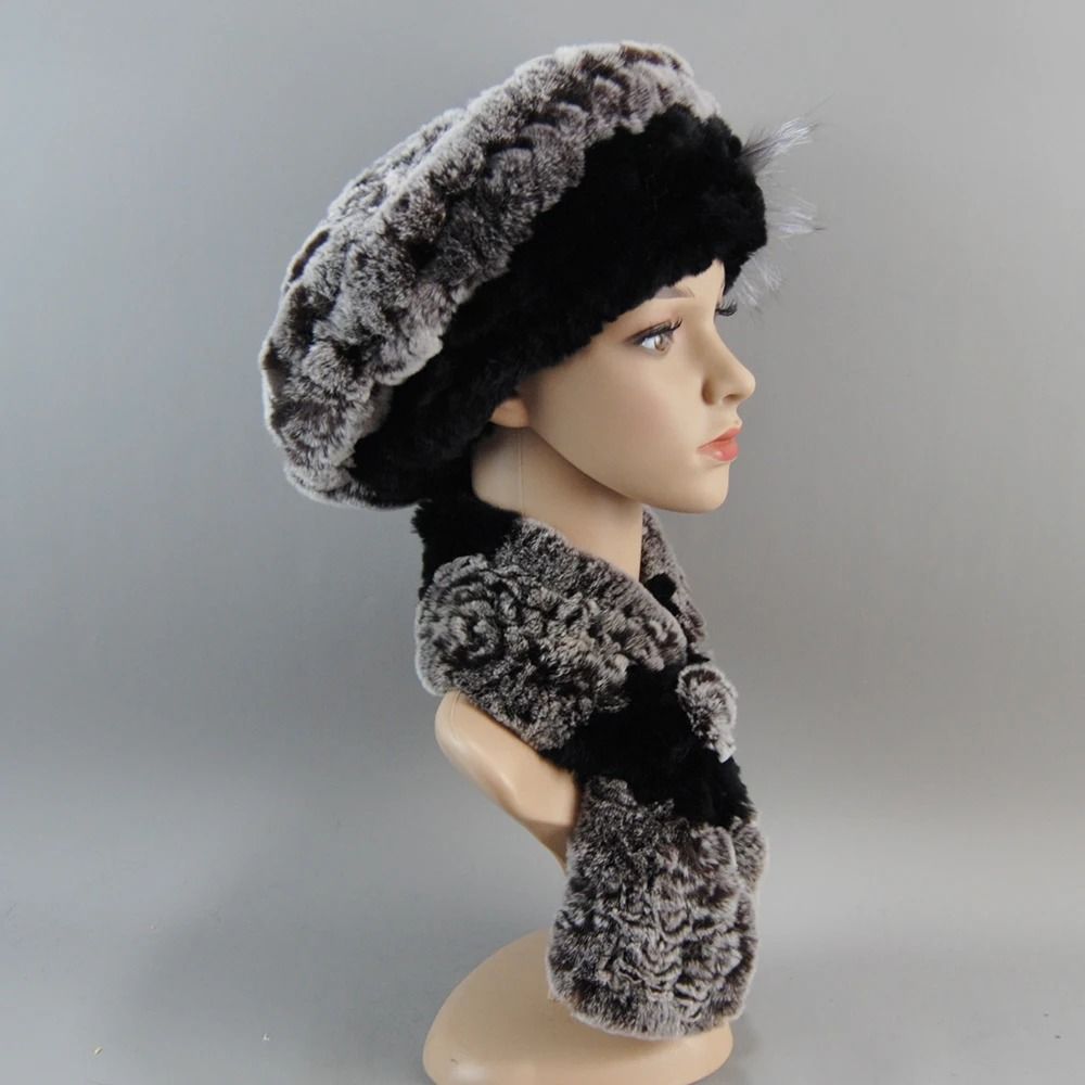 Luxury Genuine Rex Rabbit Fur Hat And Scarf Set coffee Black