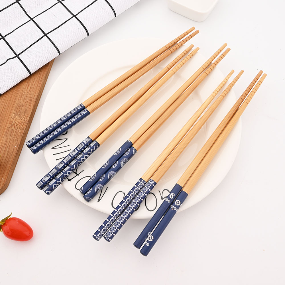 Reusable Bamboo Chopsticks Set Handmade Japanese Natural Wood Multi Color Cat & Flower Design 5pairs Blue