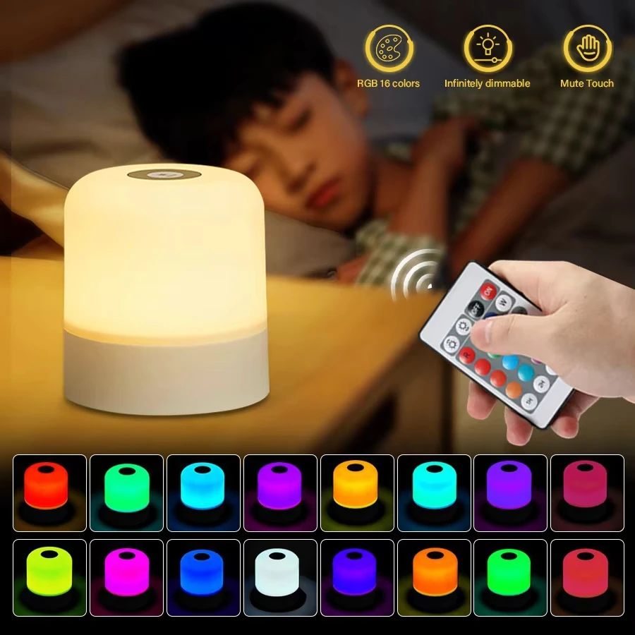 13 Color LED Touch & Remote Table Lamp Rechargeable Dimmable Bedside Night Light 3 Colors