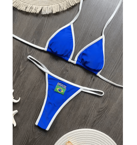 Embroidered Brazil Flag Bikini Contrast Split Patchwork Swimsuit green l(us 08 10)