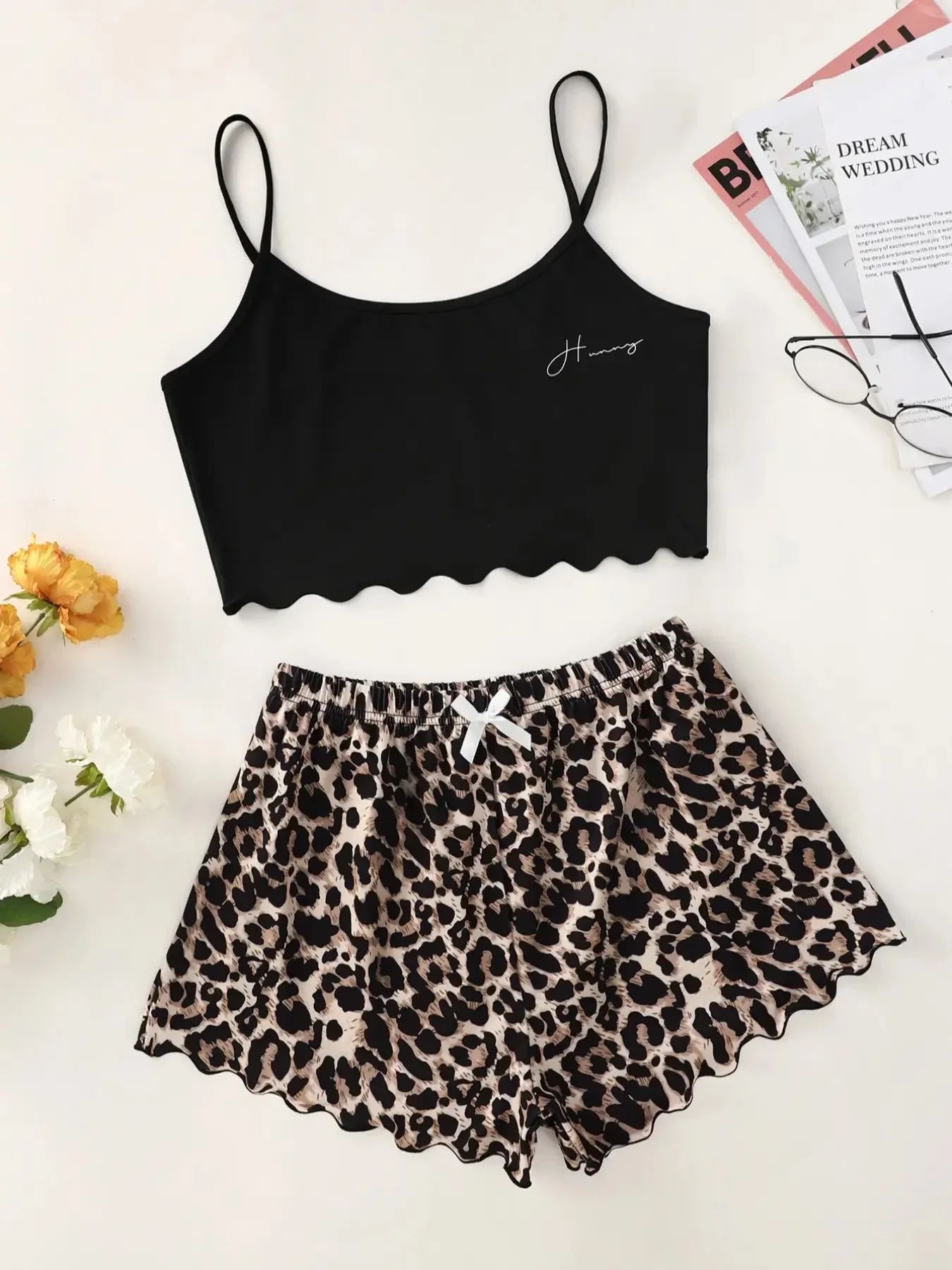 Women Leopard Print V Neck Cami And Shorts Pajama Set c m