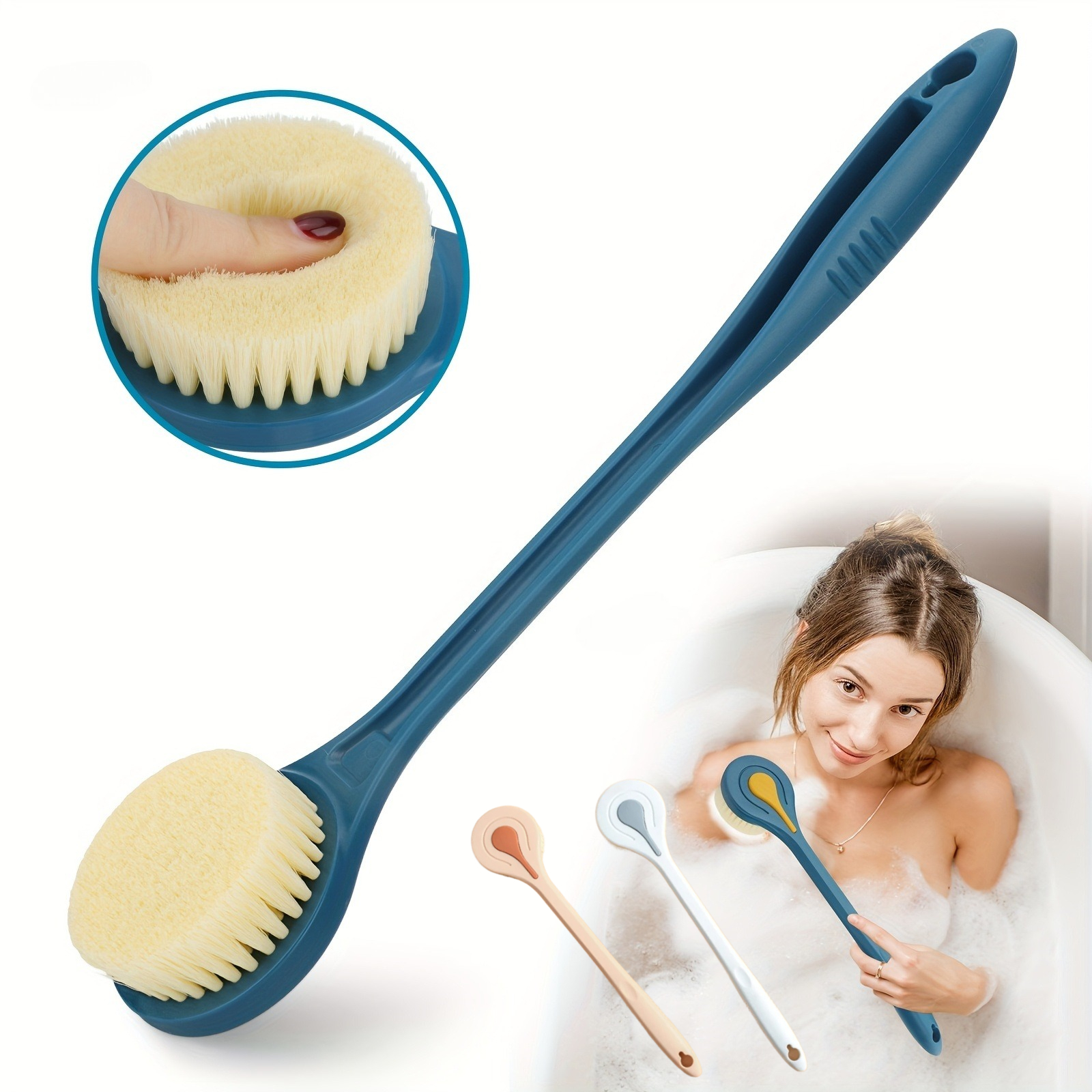 Shower Massage Body Brush For Spa Experience, Extra Long Bath Brush With Soft Hair Back Scrubber blue