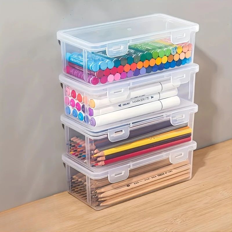 Large Capacity Transparent Pencil Box Portable Plastic Organizer For Oil Pastels & Crayons 2 Pcs