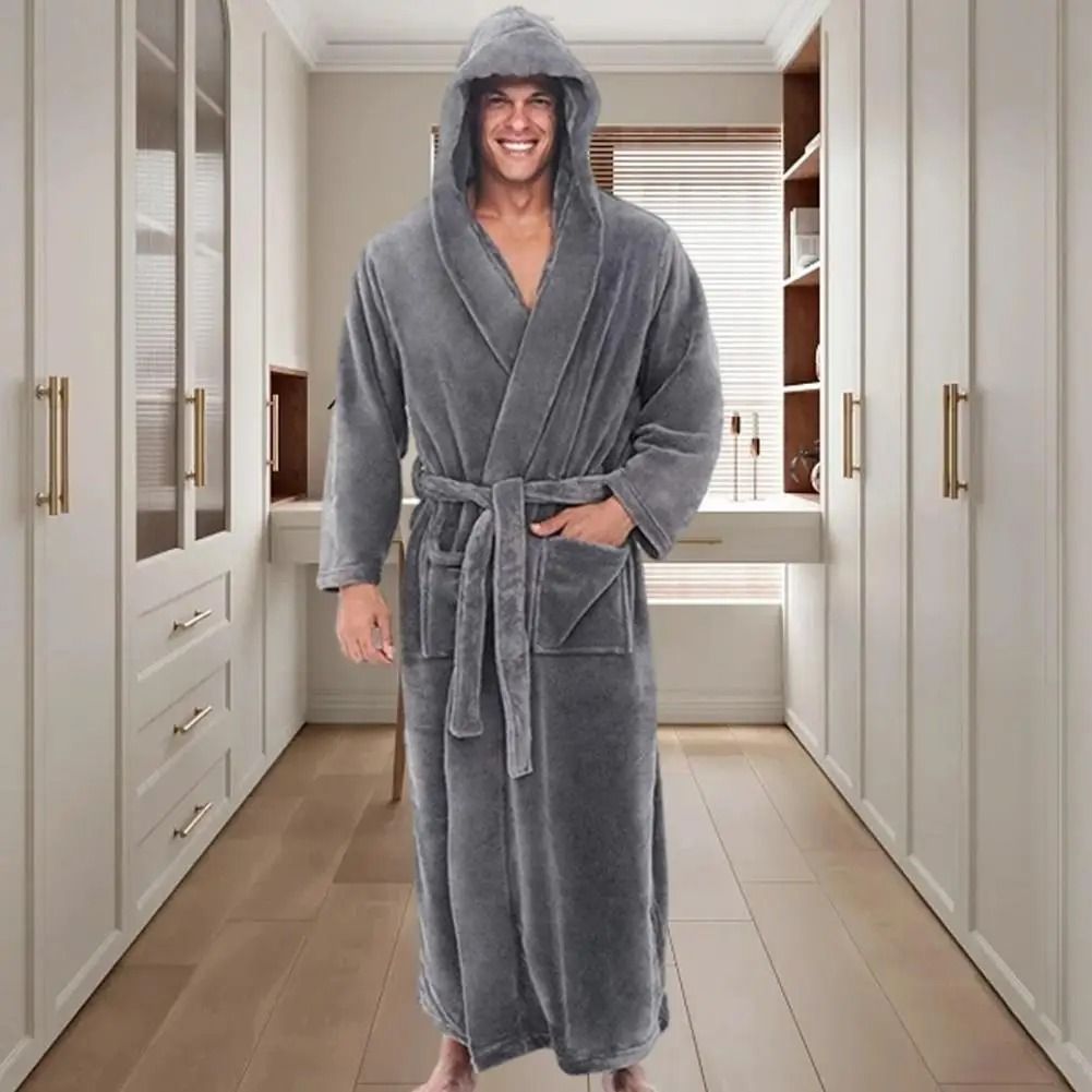 Mens Hooded Flannel Long Bathrobe Soft Fluffy Home Gown gray 4xl
