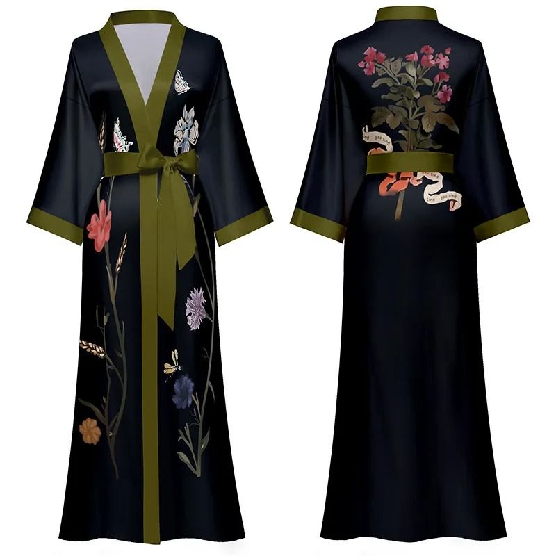 Black Floral Print Long Robe Set Professional Rayon Kimono & Sexy Summer Nightgown Loungewear lake Blue Robe