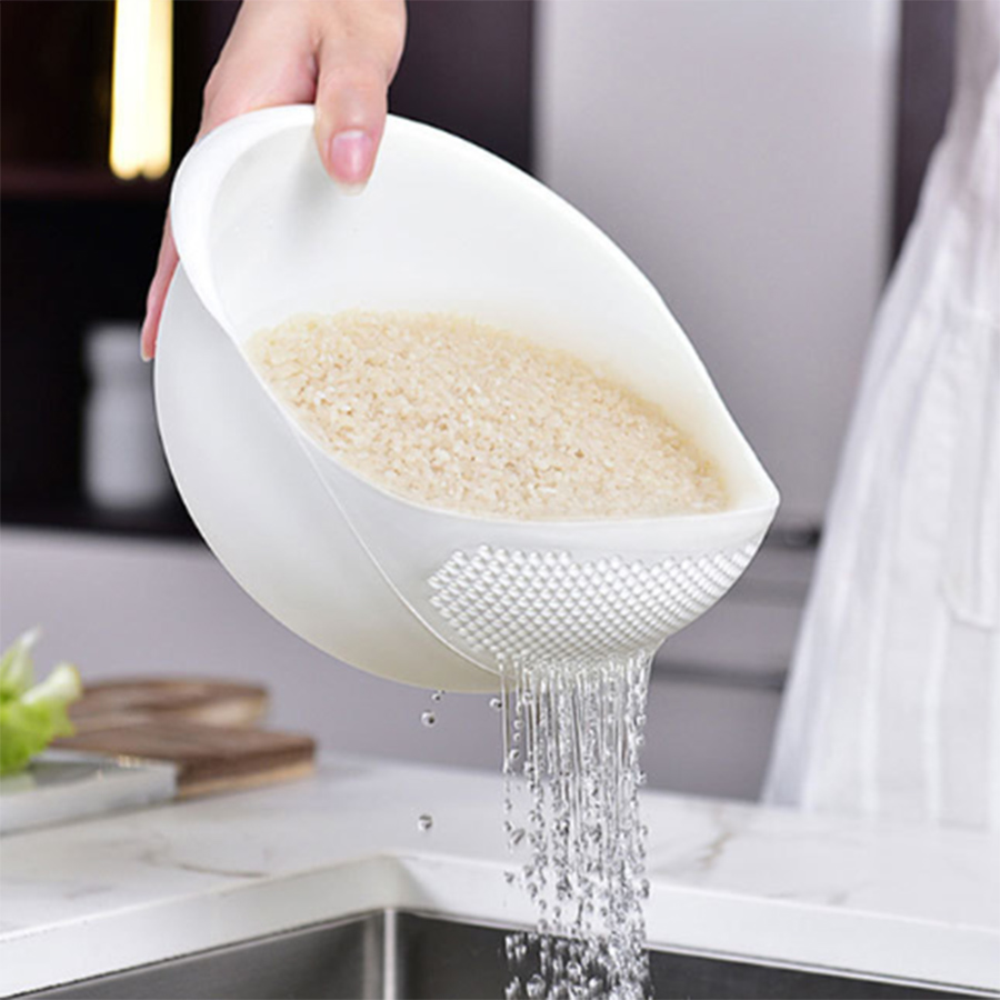 Silicone Colander With Handle Multi Purpose Rice & Fruit Washing Drain Basket For Kitchen Organization white