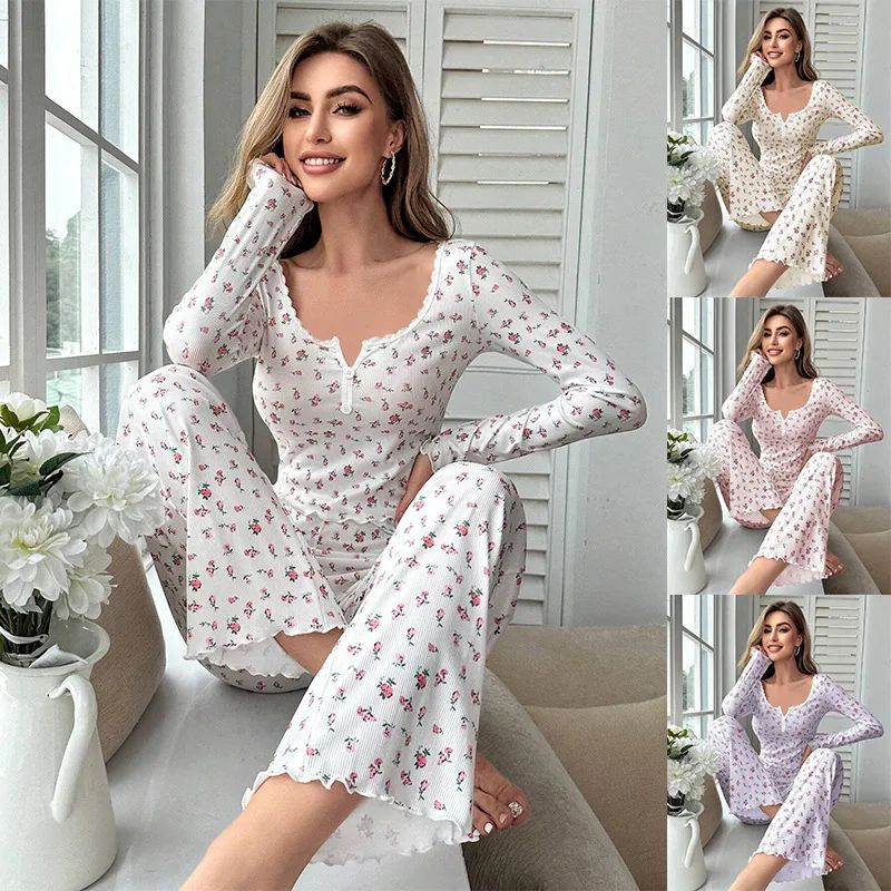 Women Floral Print Long Sleeve Pajama Set With Lettuce Trim yellow s(us 4)