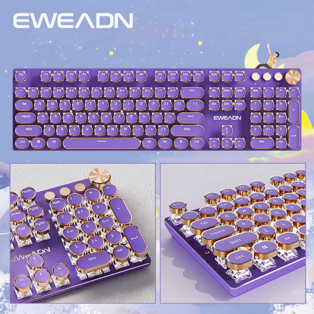 EWEADN V20 Punk Typewriter Mechanical Gaming Keyboard With Round Keycaps And Backlight pink