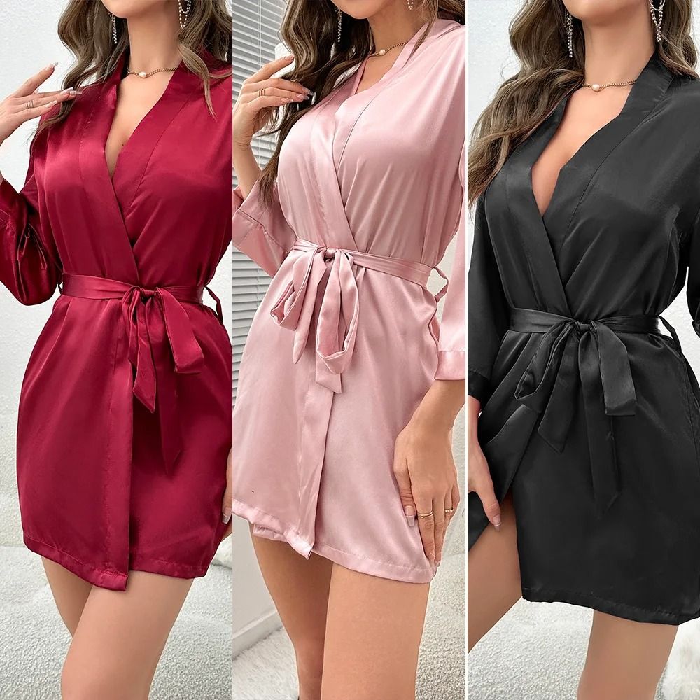 Short Satin Kimono Bride Bridesmaid Getting Ready Robe For Women red xl