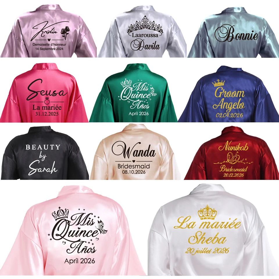Personalized Faux Silk Bridal Robe With Custom Name & Date Elegant Bride & Bridesmaid Getting Ready Robe navy Blue l