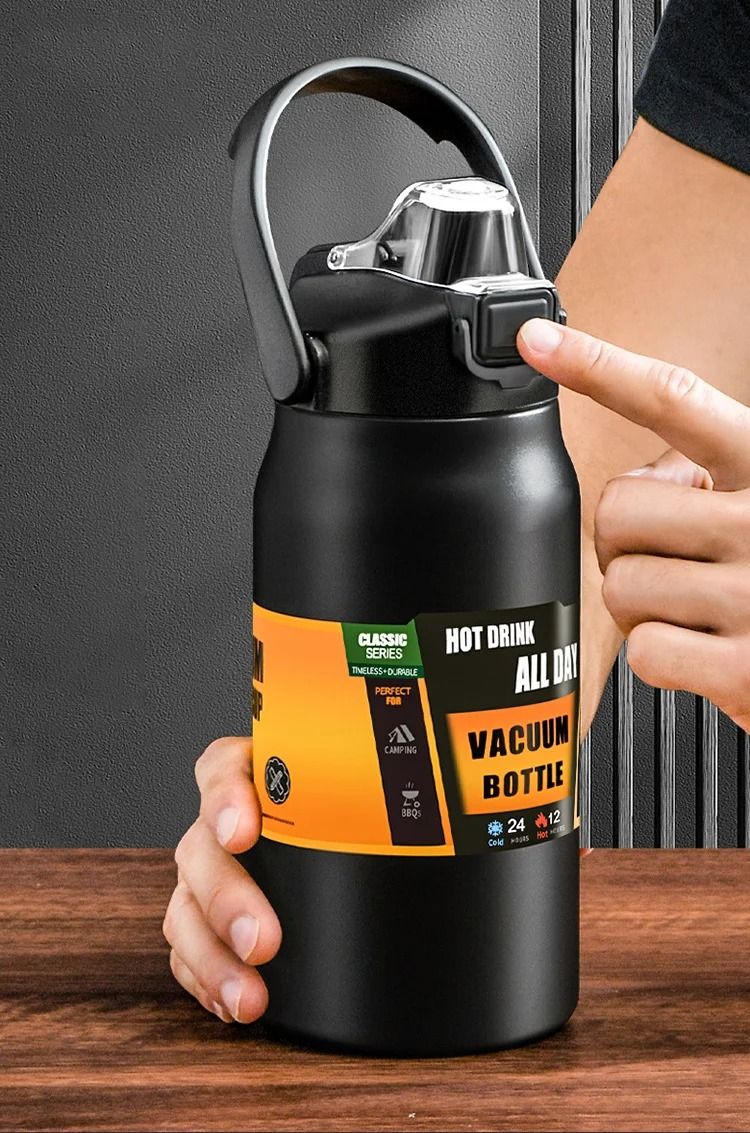 Portable 304 Stainless Steel Thermal Mug Tumbler With Straw Vacuum Flask Coffee Cup Sports Water Bottle black 1500 Ml