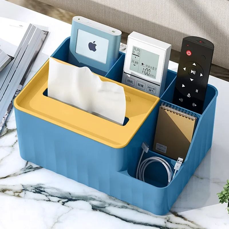 Multifunctional Desktop Tissue Storage Box With Remote Organizer beige (3 Squares)