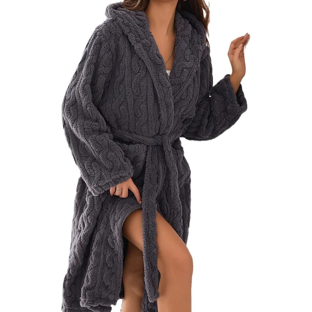 Pink Flannel Coral Fleece Hooded Winter Robe Long Womens Bathrobe navy Blue m
