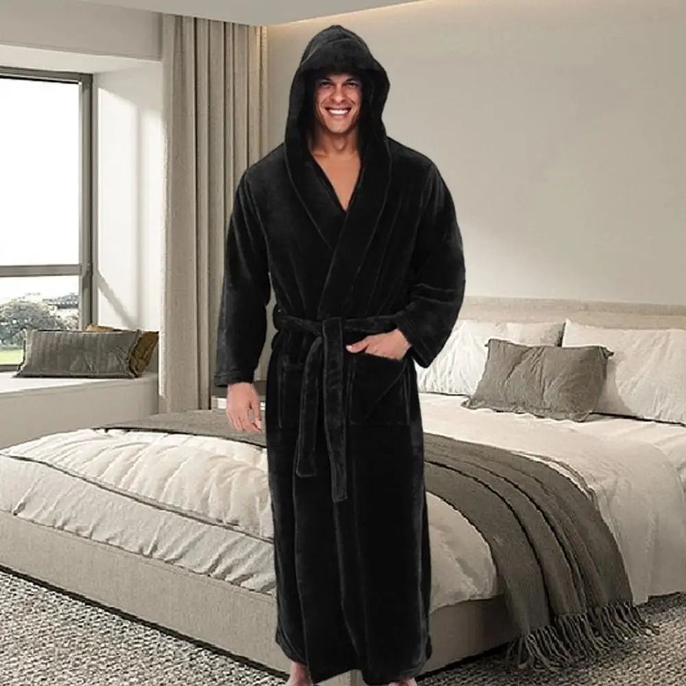 Mens Premium Hooded Flannel Bathrobe Long Quick Dry Sleepwear & Soft Fluffy Home Gown blue 4xl