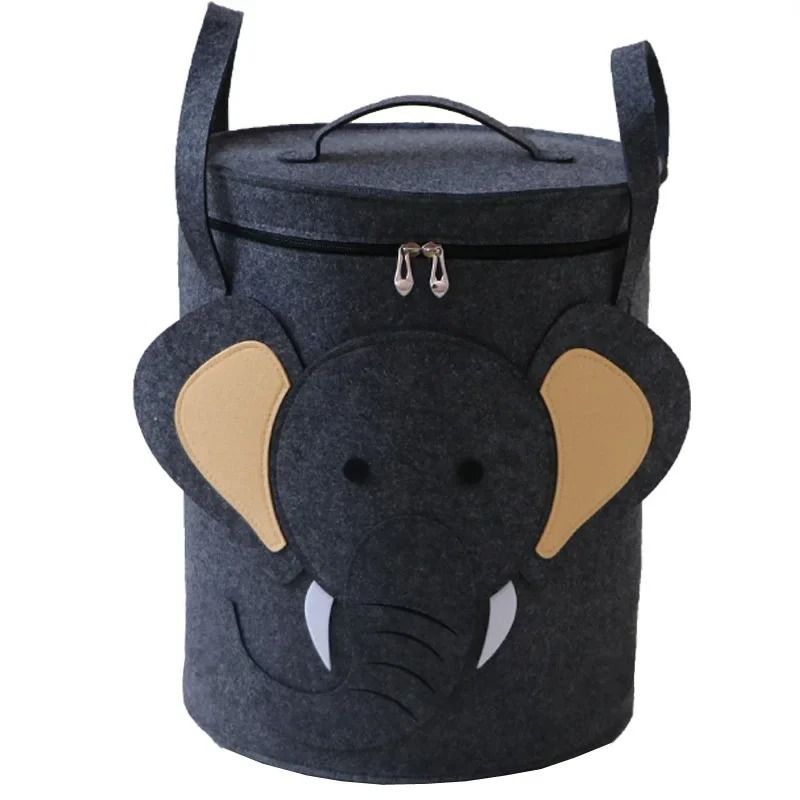 Cartoon Animal Felt Toy Storage Bucket With Lid Large Portable Laundry Hamper elephant