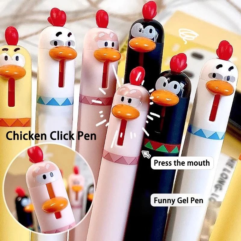 Funny Chicken Click Gel Pen 0.5mm Fast Drying Stress Relief Toy & Cute Korean Stationery For School black (12 Pcs)