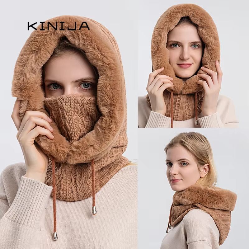 Women's Winter Fur Cap Mask Set Hooded Knitted Cashmere Neck Warm Balaclava Ski Windproof Plush Fluffy Beanie Hood khaki
