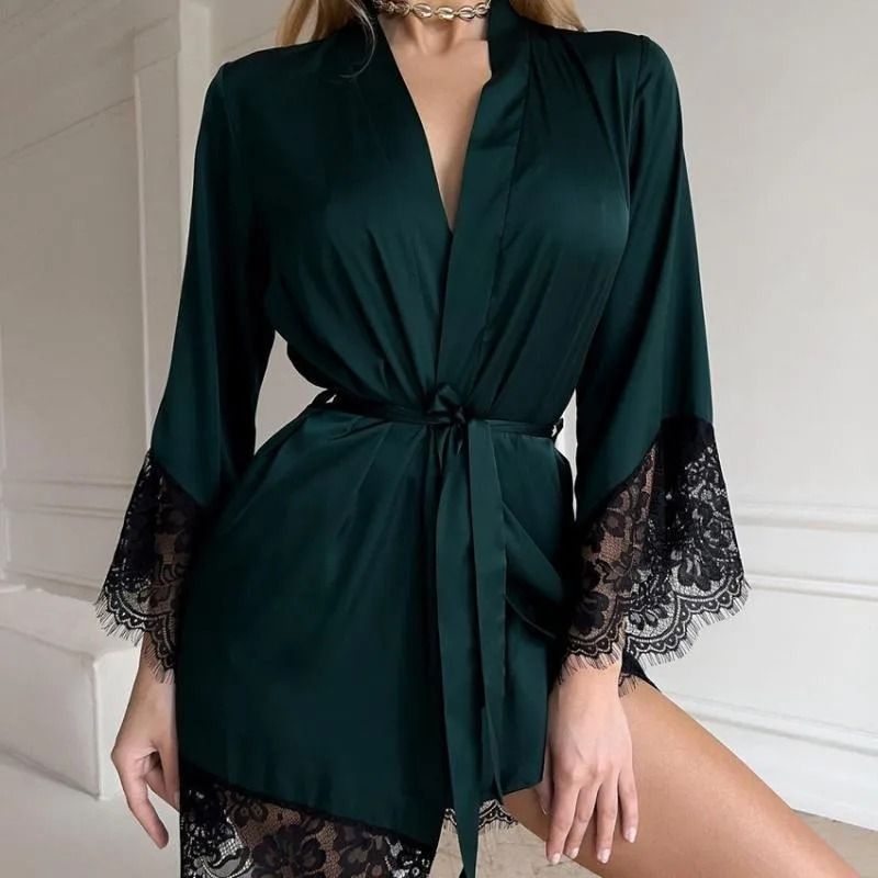 French Style Sexy Satin Nightgown & Robe Professional V Neck Lace Bathrobe & Silky Sleepwear 5 s