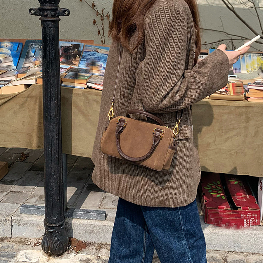 Stylish Faux Suede Crossbody Shoulder Bag For Women Small Pillow Boston Handbag light Brown