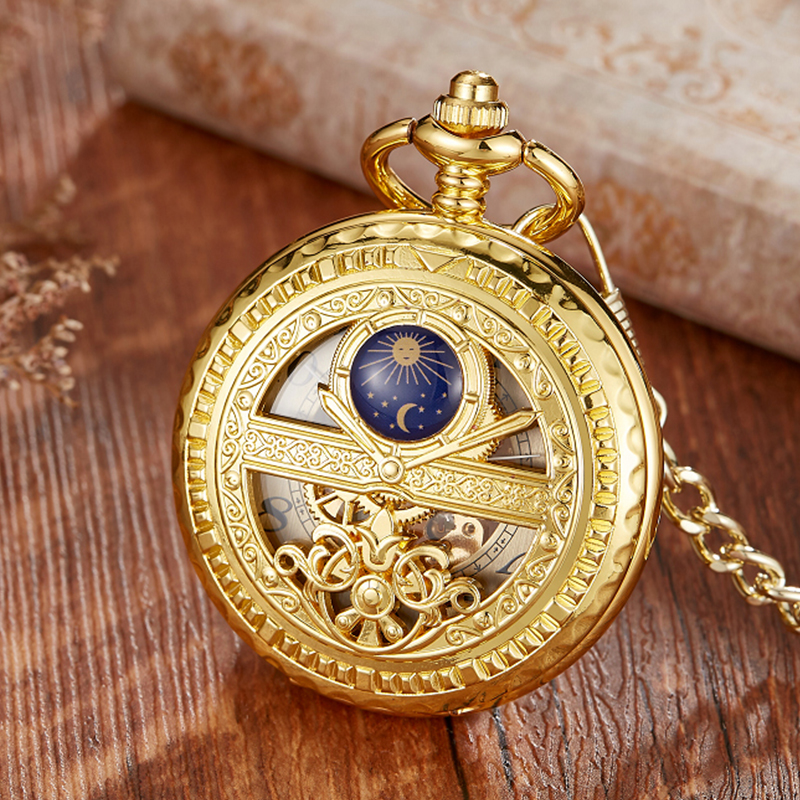 Carved Stars & Moon Phases Semi Automatic Mechanical Pocket Watch, Hollowed Dial For Students silver