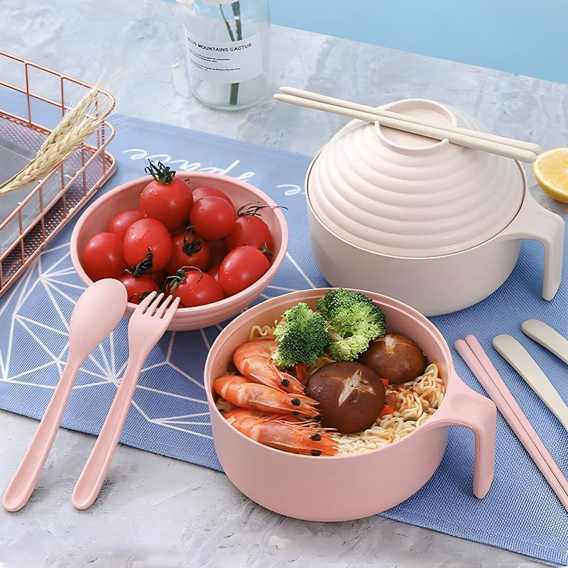 Microwavable Cooker Bowl With Lid, Ramen Noodles Bowl Set With Chopsticks, Ramen Bowl Set blue