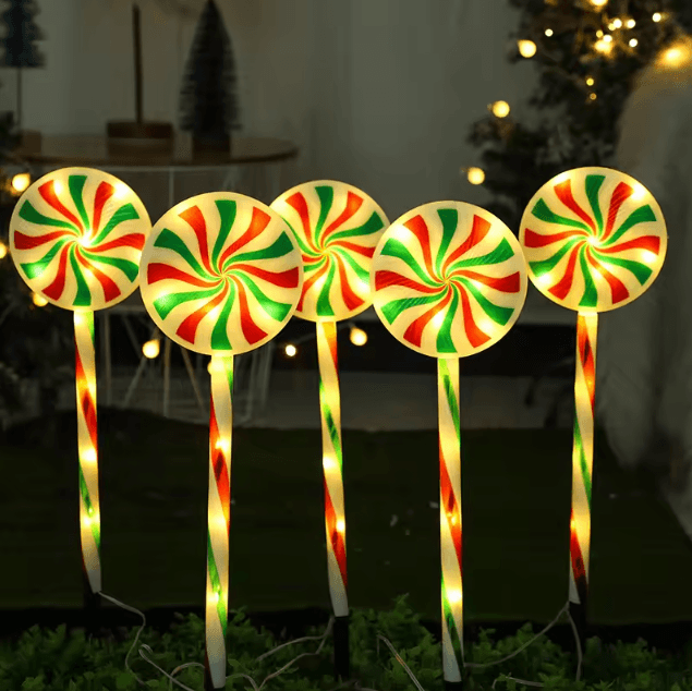 Solar 5 Pack Candy Cane Christmas Pathway Lights Waterproof Outdoor Holiday Stakes red Yellow
