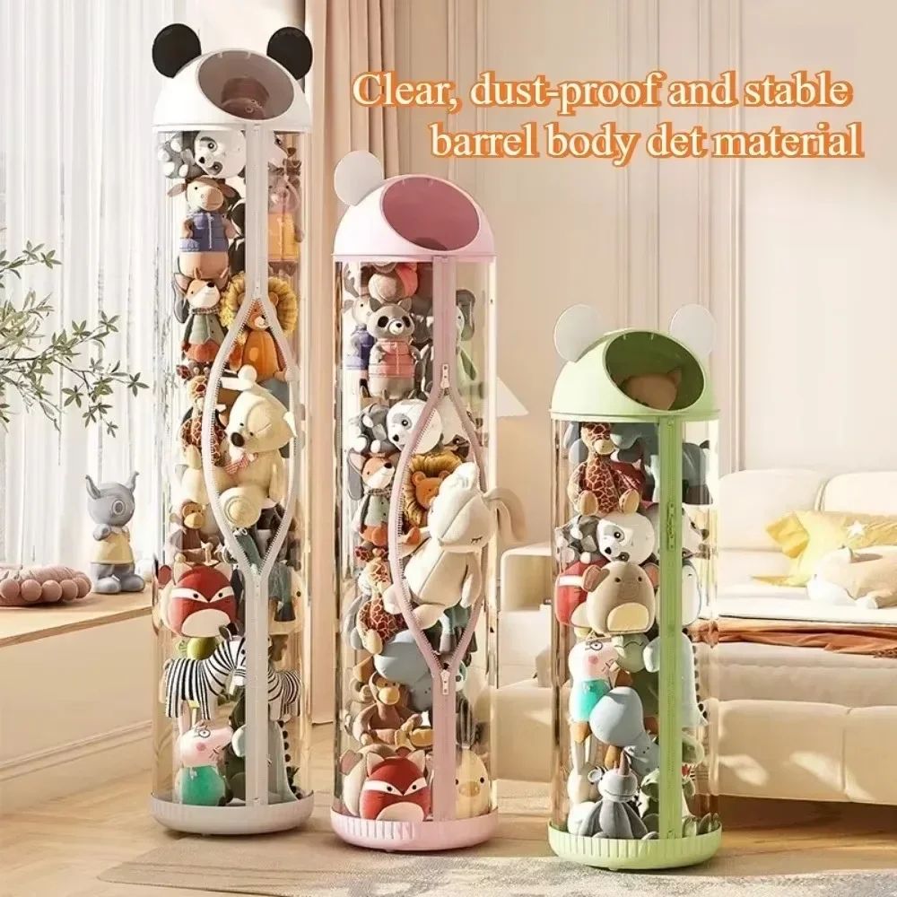 Cartoon Transparent Toy Storage Bucket With Lid Cute Plush Doll Organizer Tube green